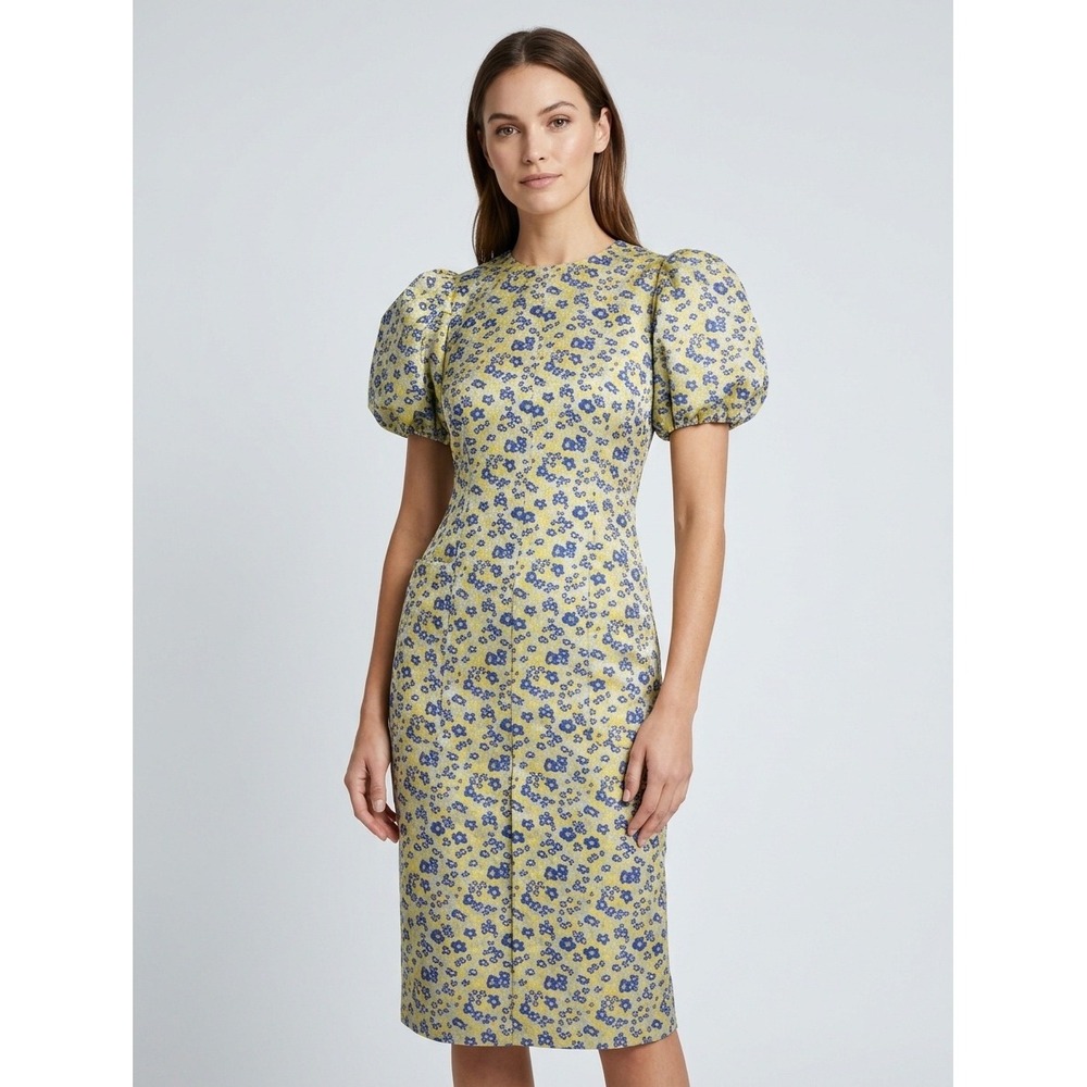 Rotate Birger Christensen Katarina Midi Dress Floral Turkish Sea Blue Yellow 34